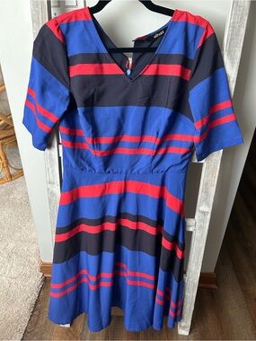 eshakti Blue and Red Striped V-Neck Dress